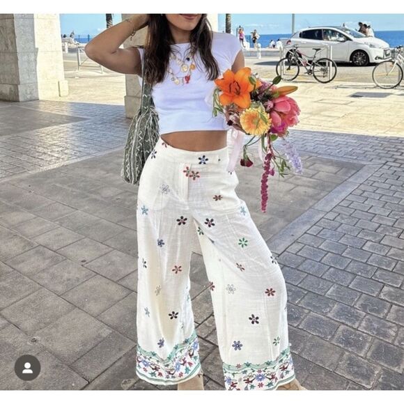 Zara Culottes Pants Womens XS Ivory Floral Linen Blend Embroidered Wide Leg - Picture 1 of 16